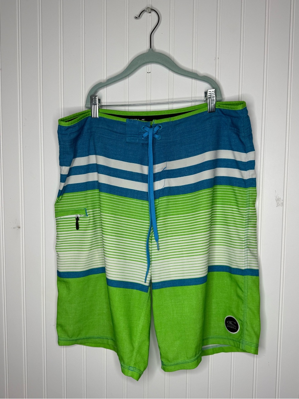O'Neill Hyperfreak Cargo Board Shorts Lime Green Blue Striped Swimwear Size 34